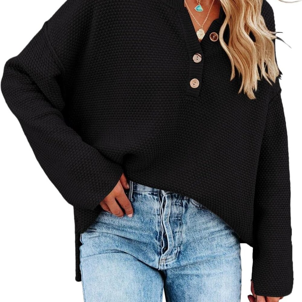 Women's Oversized Sweaters Batwing Long Sleeve Loose V Neck Button Henley Tops P